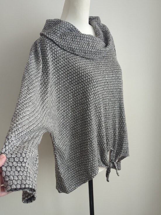 by & by Sweaters - By & By Lightweight Cowl Neck Grey Honeycomb Knit Dolman Tie-Front Sweater XXL